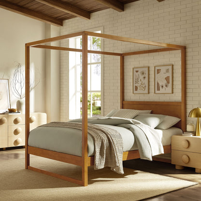 Alva King wood canopy bed frame in warm oak finish with a modern four-poster silhouette on Tampa Home & Garden Store