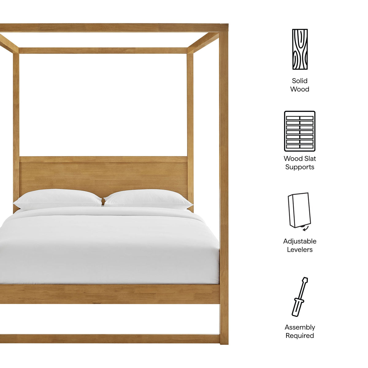 Alva King Wood Canopy Platform Bed frame in natural solid wood with tall posts on Tampa Home & Garden Store