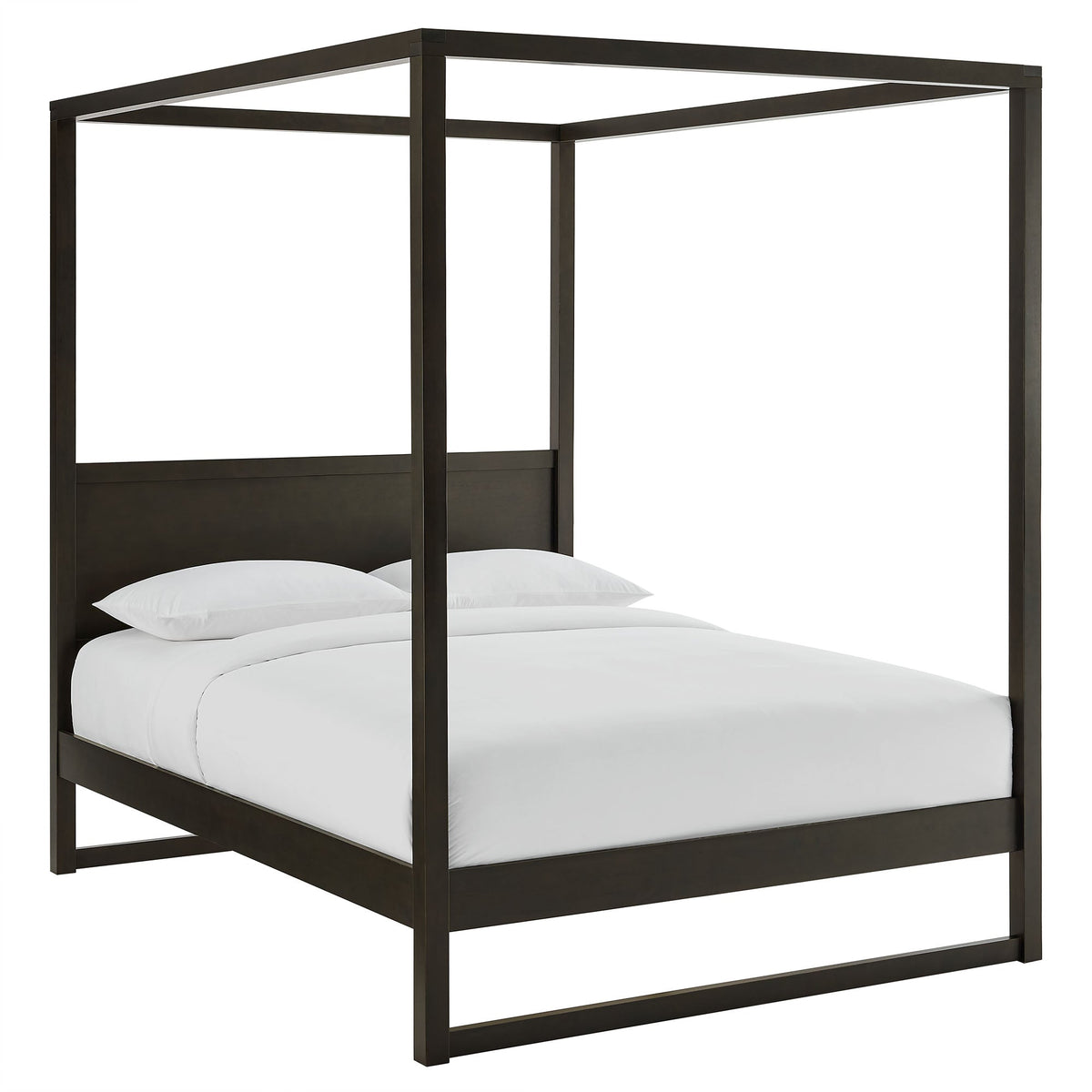 Alva King Wood Canopy Bed frame in dark brown with white bedding by HouseOfZazla on Tampa Home & Garden Store