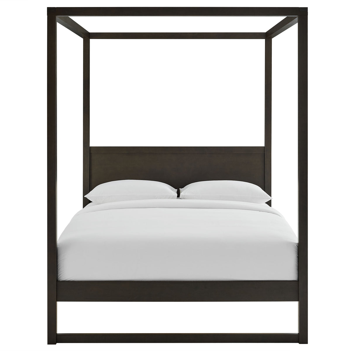 Alva King Wood Canopy Platform Bed dark brown wood with white bedding king size on Tampa Home & Garden Store