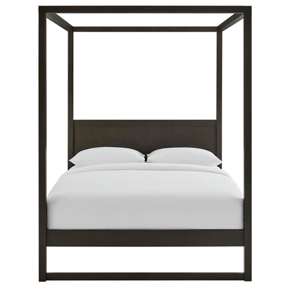 Alva King Wood Canopy Platform Bed dark brown wood with white bedding king size on Tampa Home & Garden Store