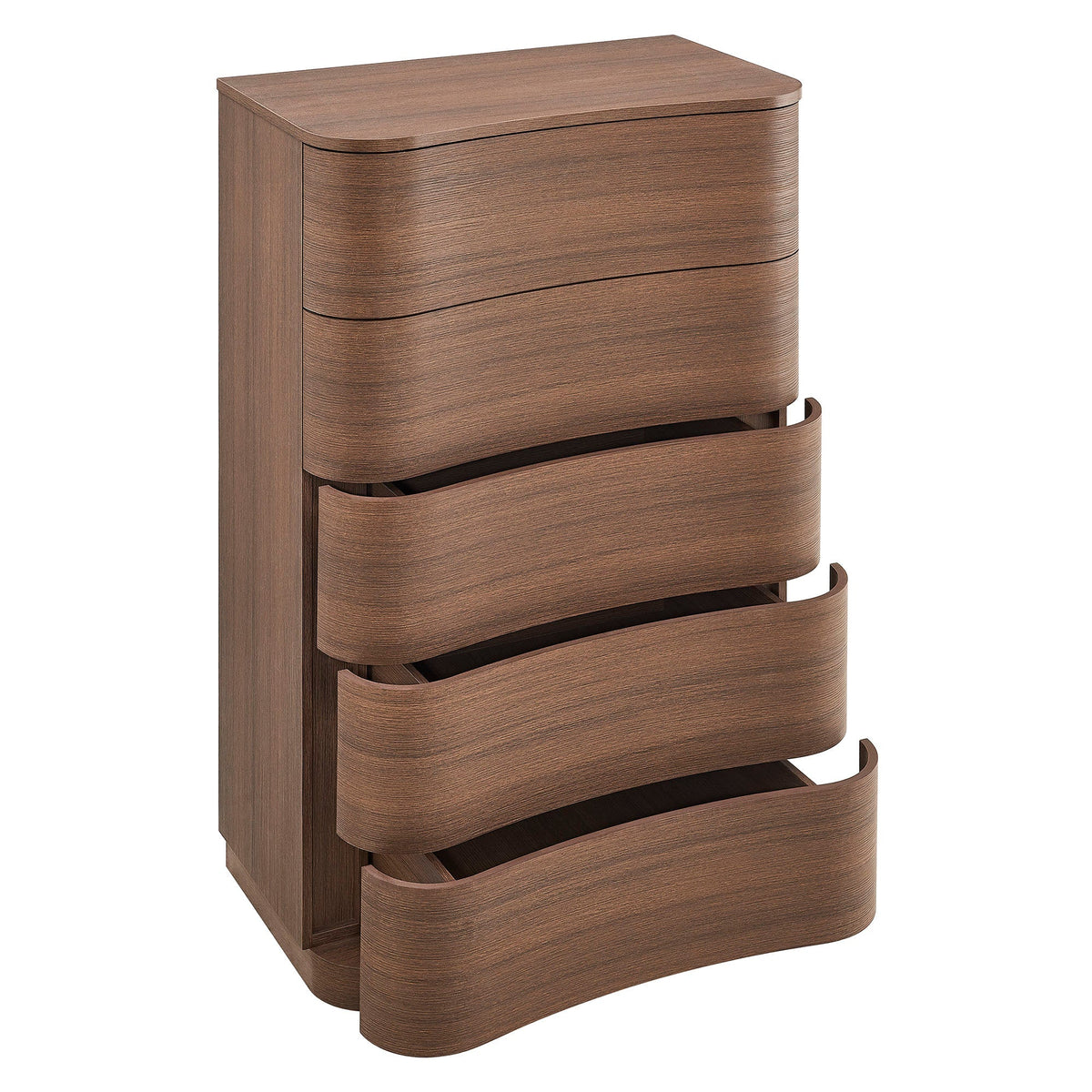 Mirae 5-Drawer Curved Dresser Chest walnut wood finish curved fronts HouseOfZazla on Tampa Home & Garden Store