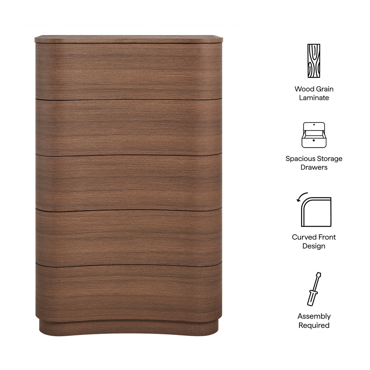 Mirae 5-Drawer Curved Dresser Chest in wood grain laminate by HouseOfZazla on Tampa Home & Garden Store