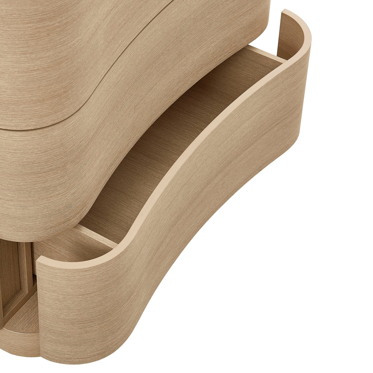 Mirae 5-Drawer Curved Dresser Chest in light wood with rounded edges and drawer interior on Tampa Home & Garden Store