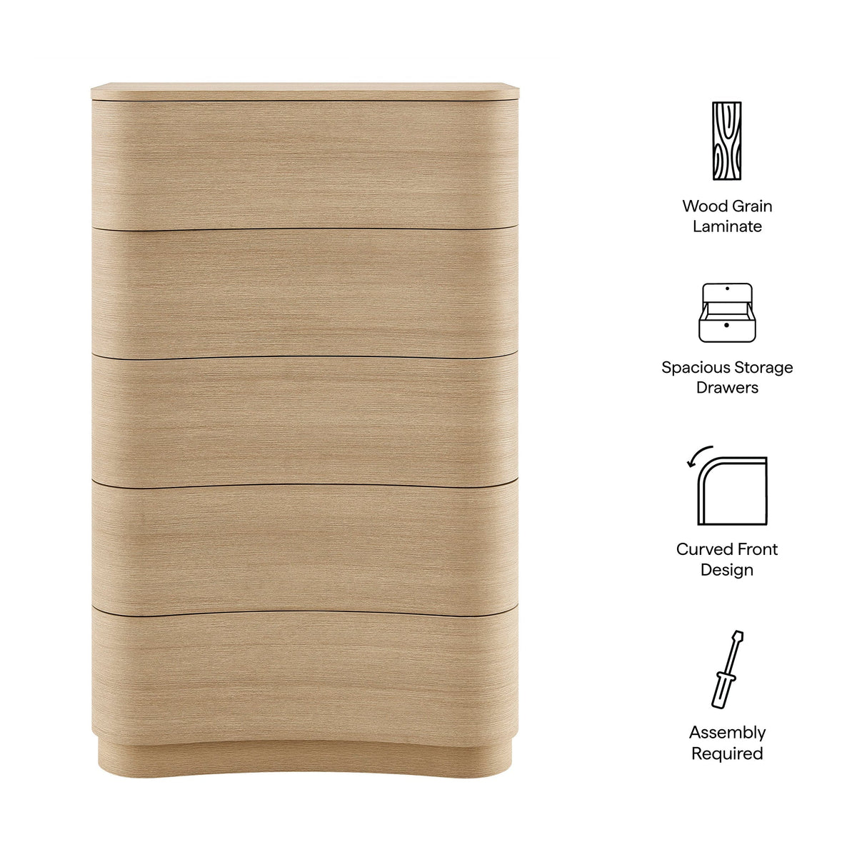 Mirae 5-Drawer Curved Dresser Chest by Modway, wood grain laminate with curved front design on Tampa Home & Garden Store