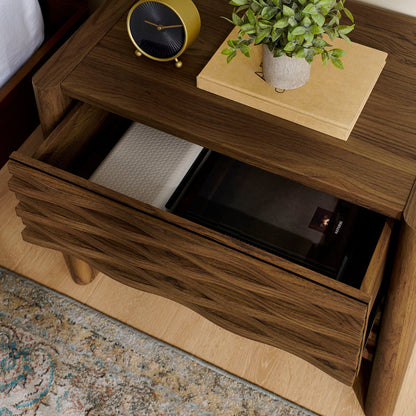 Emric Wave Nightstand by Modway in dark walnut with open drawer, gold clock and plant on Tampa Home & Garden Store