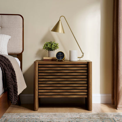 Emric Wave Nightstand by Modway, walnut wood with slatted drawers, brass lamp on Tampa Home & Garden Store