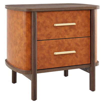 Coralie 2-Drawer Curved Nightstand with vegan leather front, dark wood frame, gold pulls on Tampa Home & Garden Store