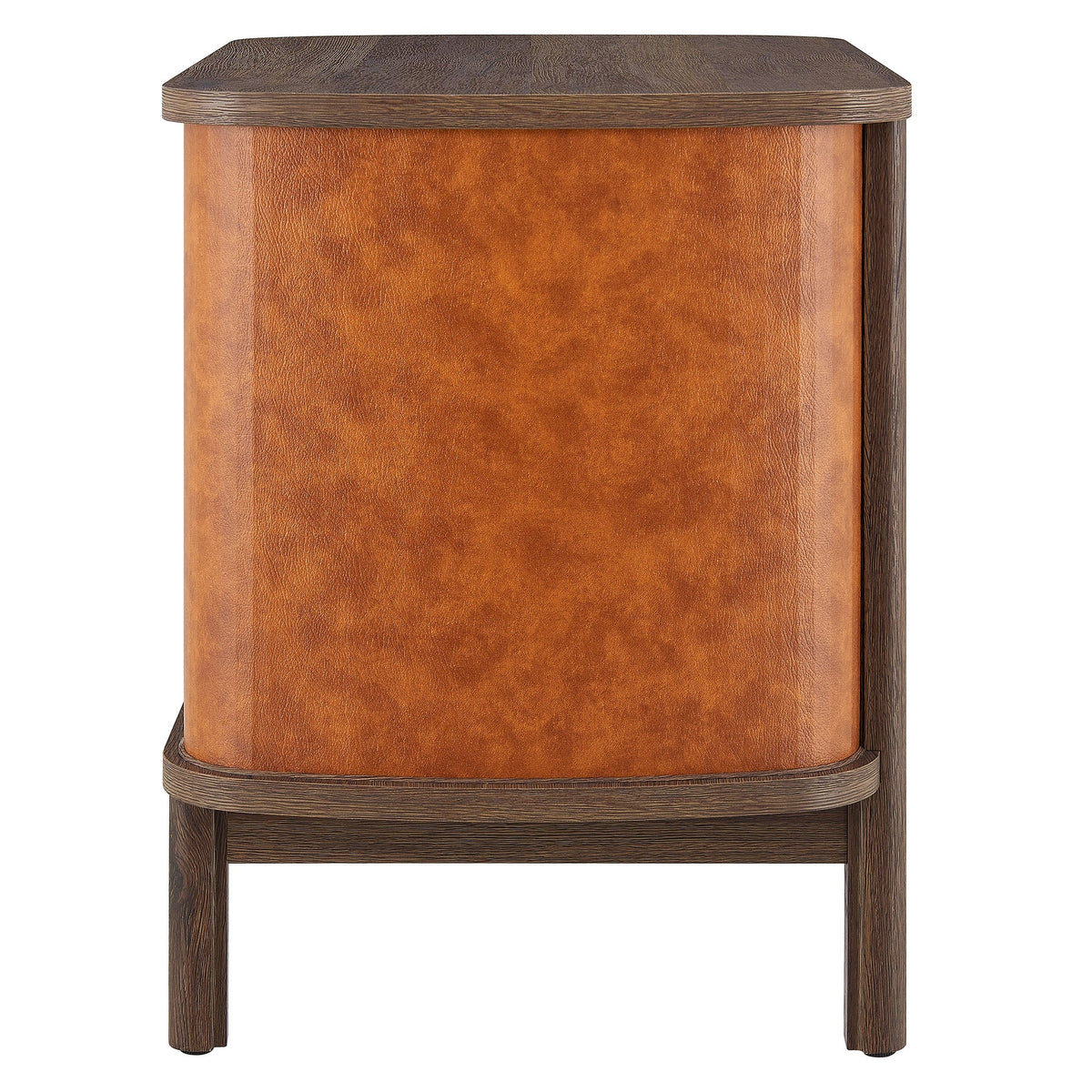 Coralie 2-Drawer Vegan Leather Nightstand with tan leather front and dark wood frame on Tampa Home & Garden Store