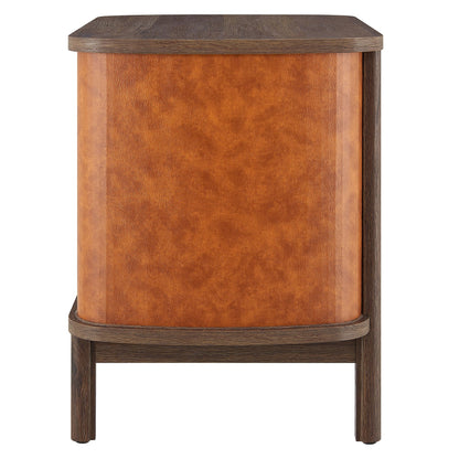 Coralie 2-Drawer Vegan Leather Nightstand with tan leather front and dark wood frame on Tampa Home & Garden Store