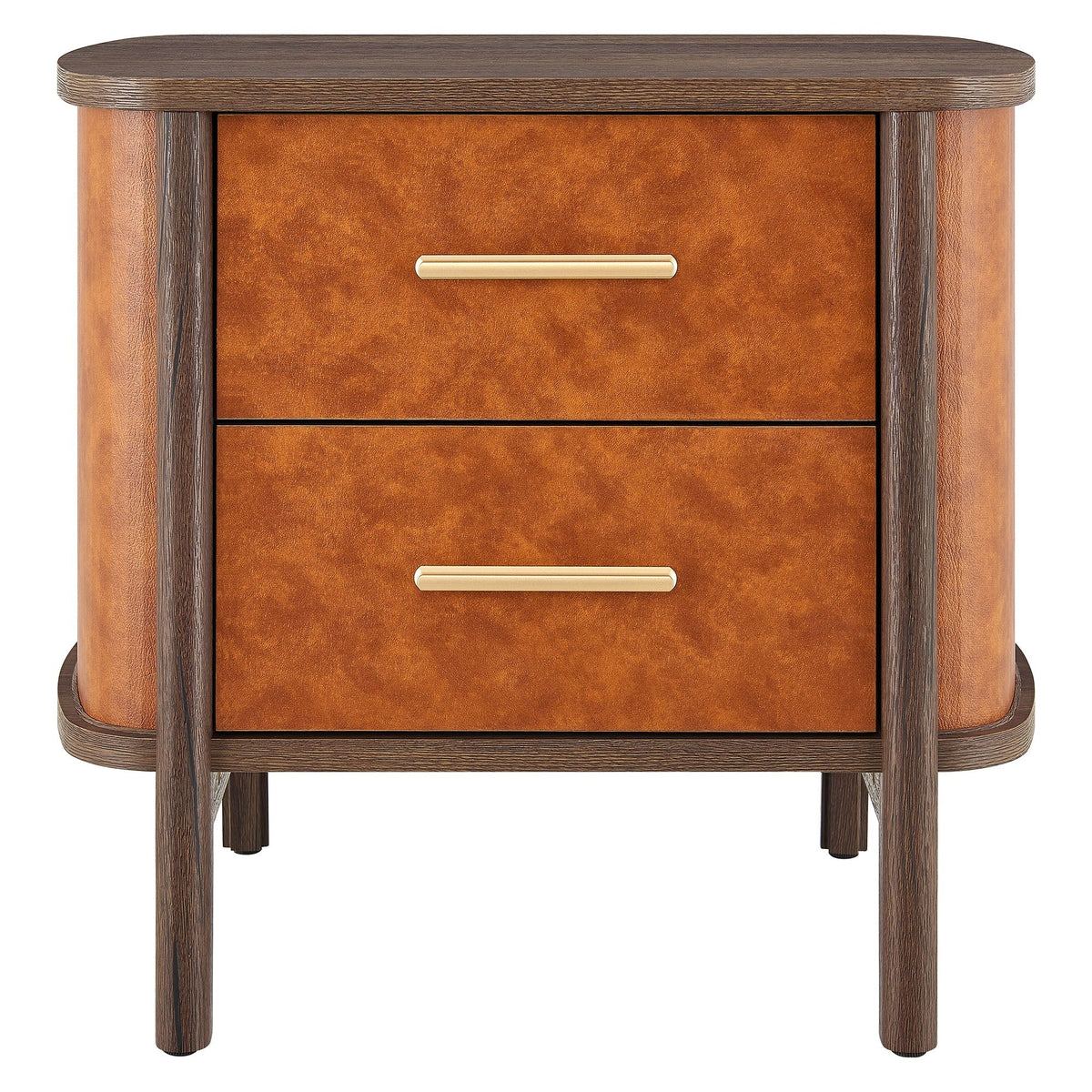Coralie 2-drawer curved vegan leather nightstand with amber-brown front and gold bar pulls on Tampa Home & Garden Store