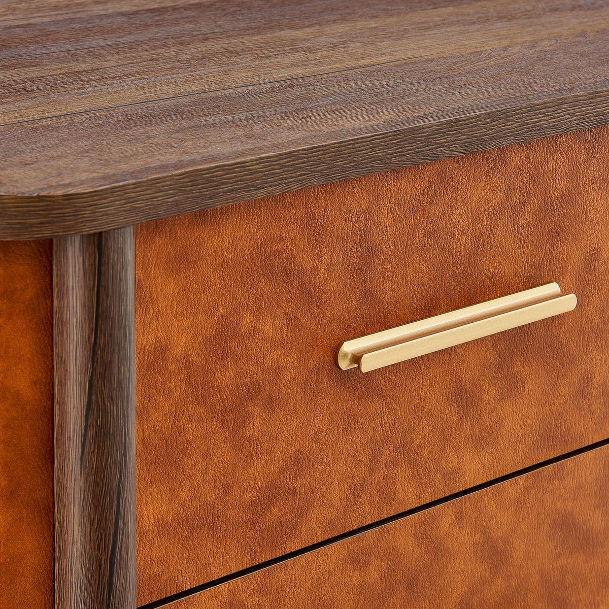 Coralie 2-Drawer Curved Nightstand with dark wood top and tan vegan leather panel on Tampa Home & Garden Store