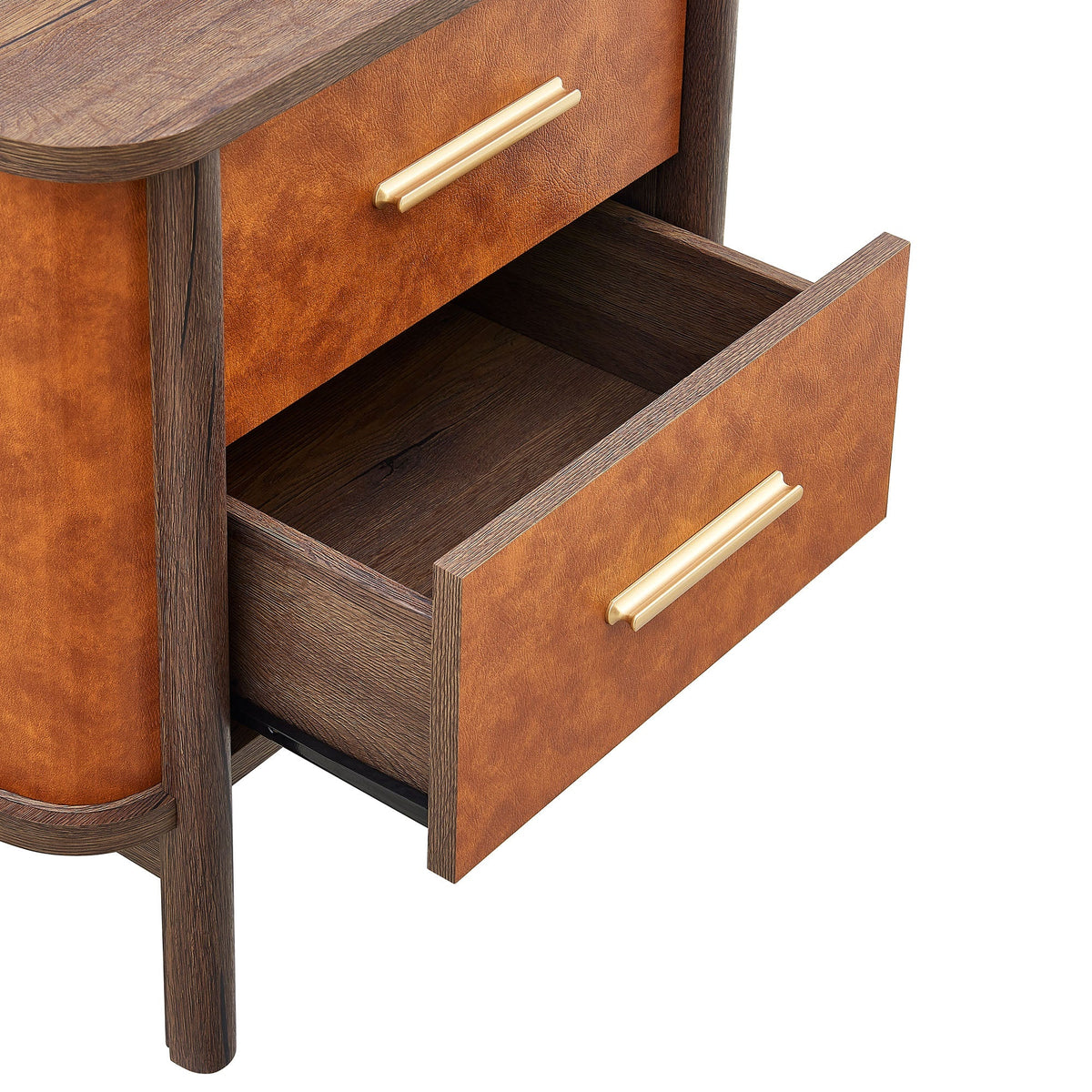 Coralie 2-Drawer Curved Vegan Leather Nightstand orange-brown faux leather with gold handles on Tampa Home & Garden Store
