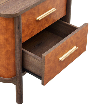 Coralie 2-Drawer Curved Vegan Leather Nightstand orange-brown faux leather with gold handles on Tampa Home & Garden Store