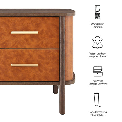 Coralie 2-Drawer Curved Vegan Leather Nightstand with wood-grain laminate and gold pulls on Tampa Home & Garden Store