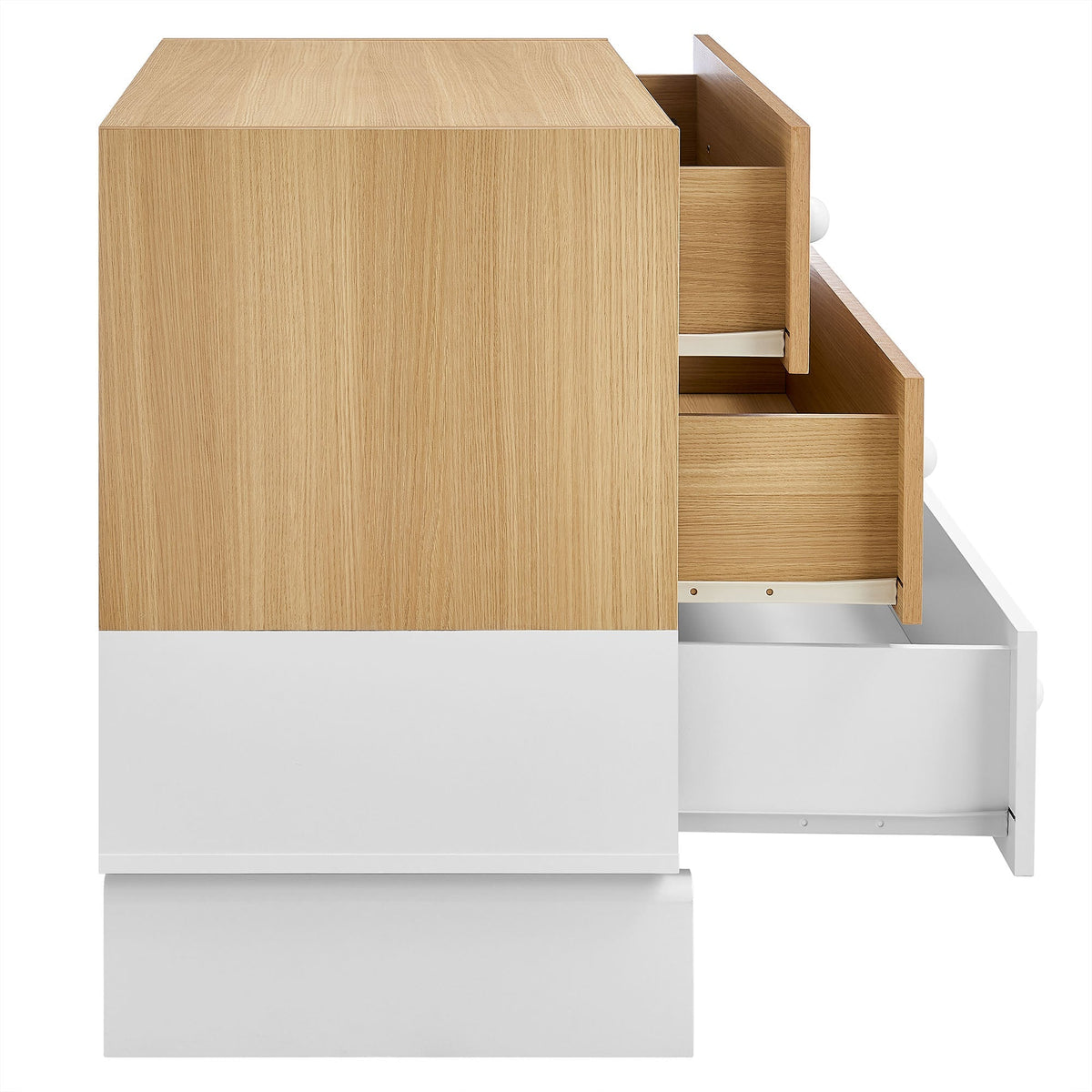 Nolia 3-Drawer Color Block Dresser natural oak finish with white knob drawers by Modway on Tampa Home & Garden Store