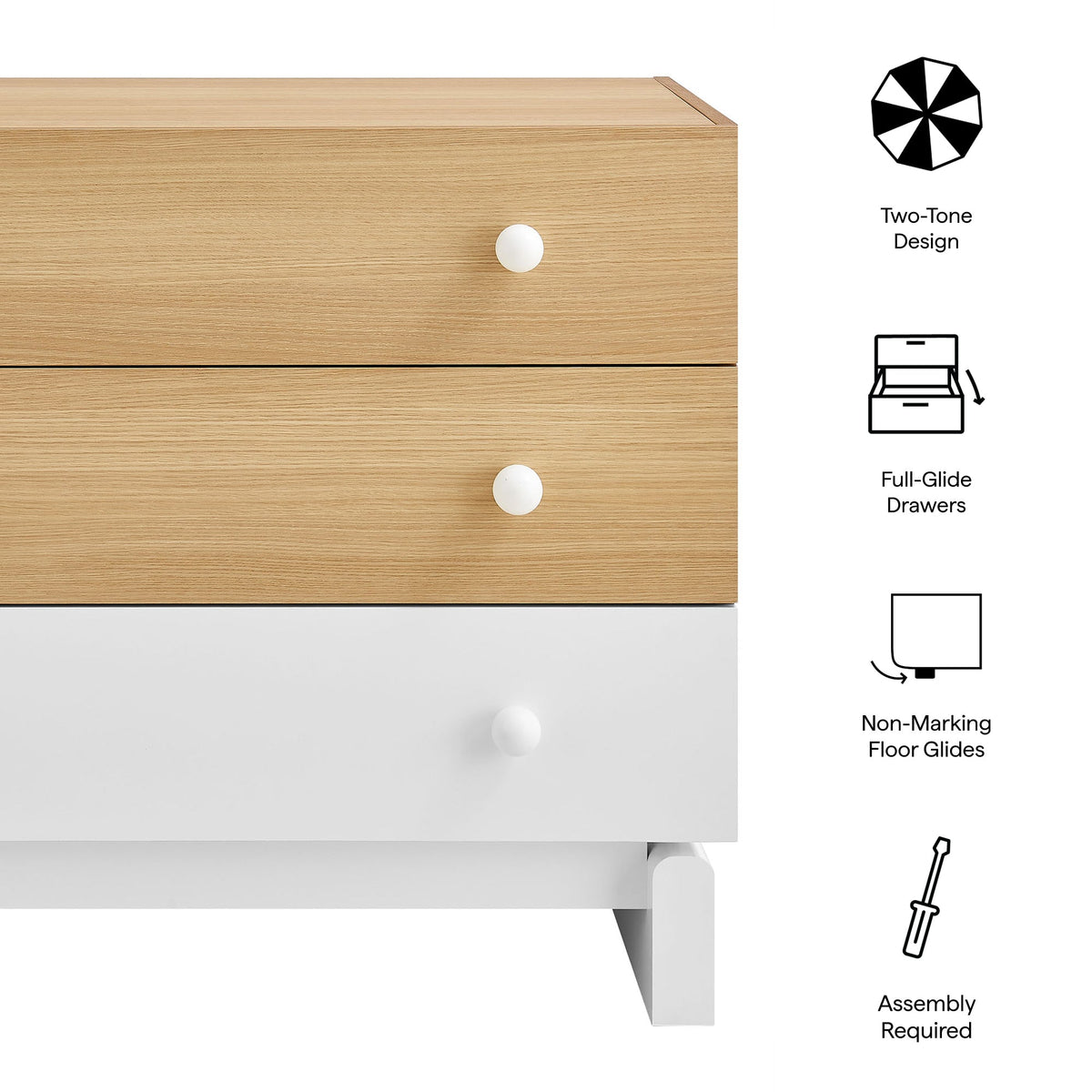 Nolia 3-Drawer Color Block Dresser, natural oak with white knobs, three drawers on Tampa Home & Garden Store
