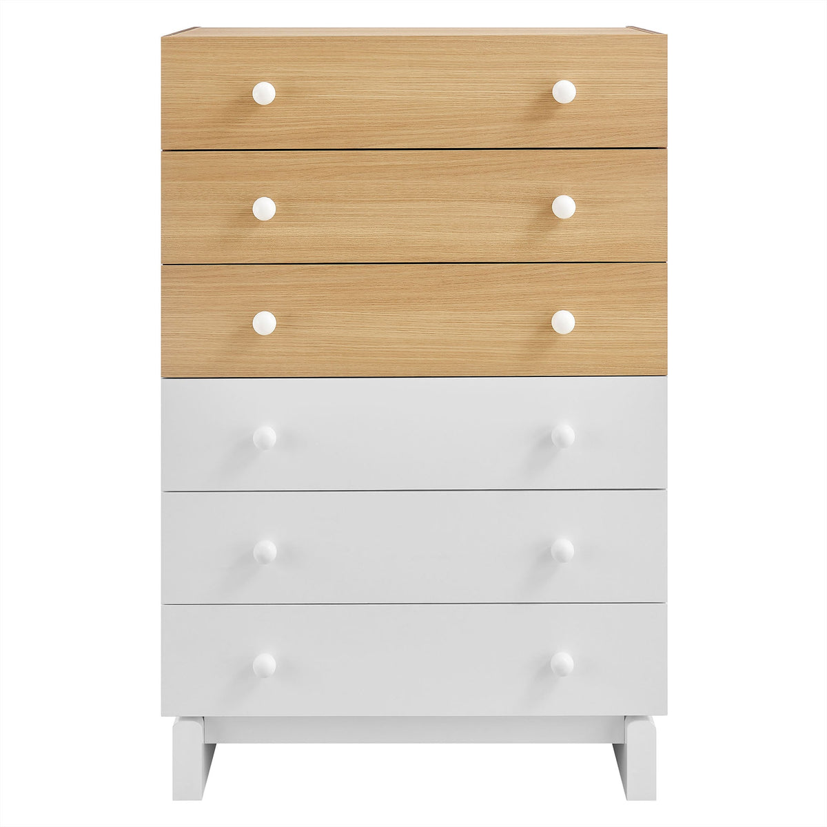 Nolia 6-drawer color-block dresser chest in natural oak and white with white knob pulls by Modway on Tampa Home & Garden Store