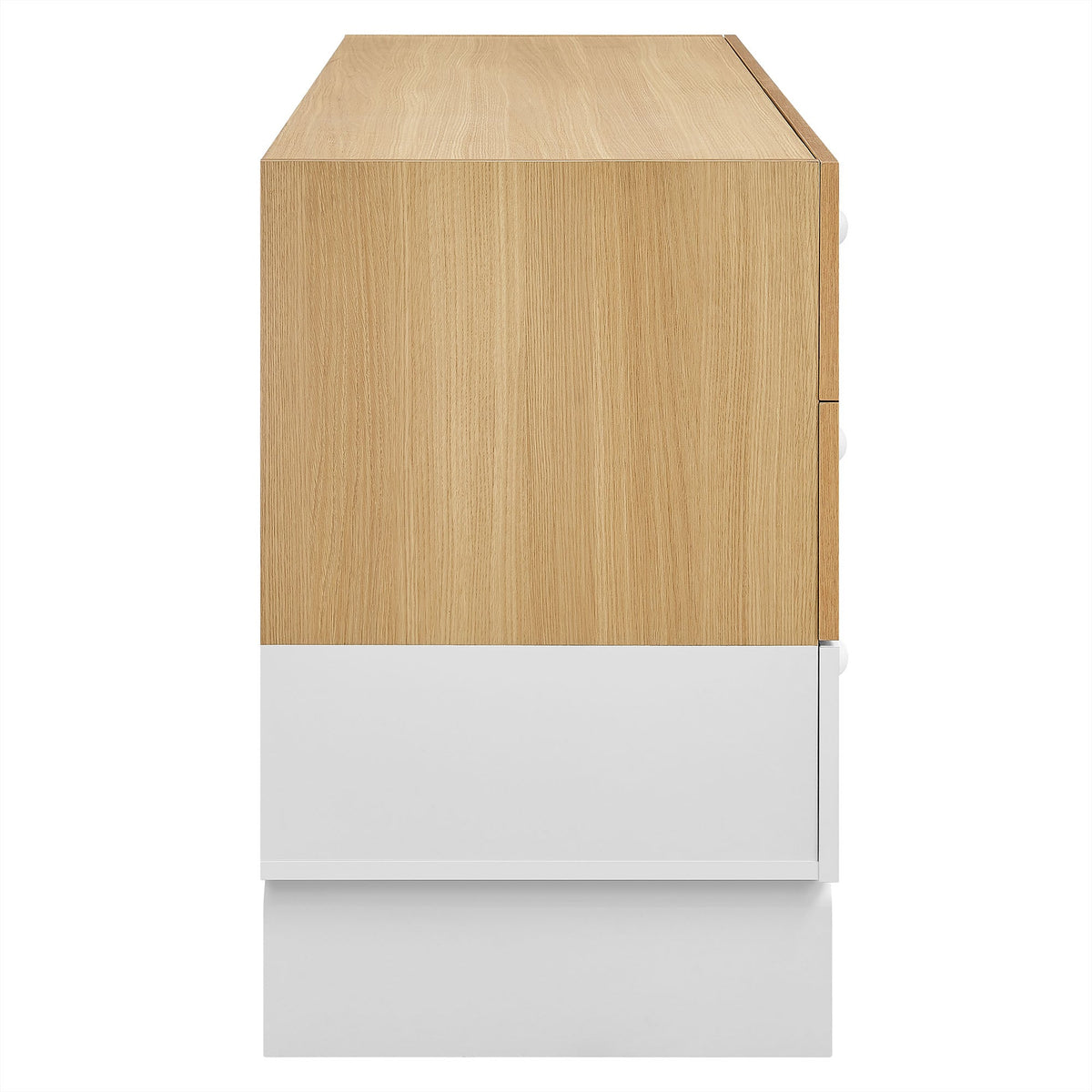Nolia 6-Drawer Color Block Dresser in oak and white with round knobs on Tampa Home & Garden Store