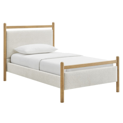 Ginny Platform Bed Frame by Modway with natural wood posts and beige fabric bed skirt on Tampa Home & Garden Store