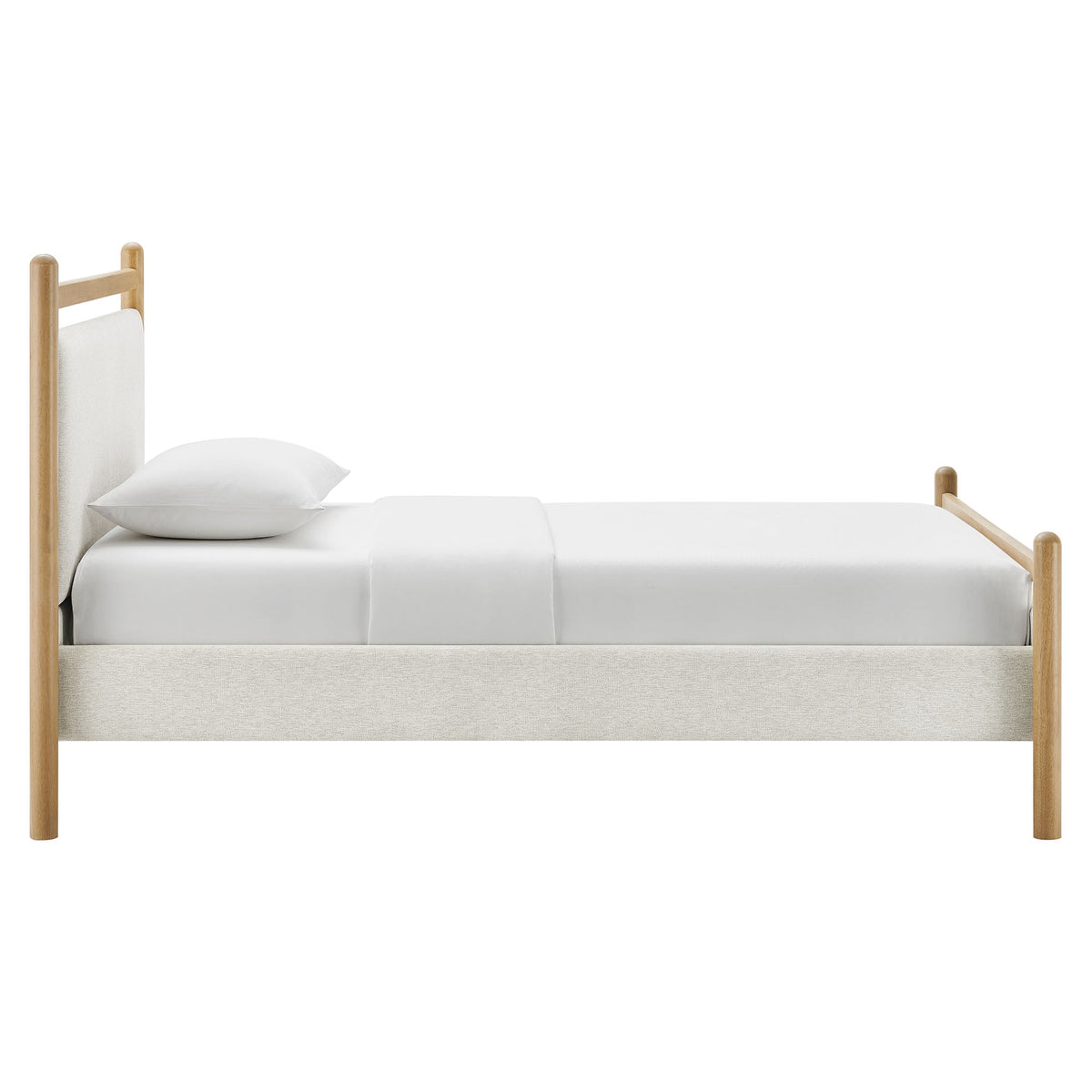 Ginny Platform Bed Frame by Modway with beige fabric bedskirt and light wood posts on Tampa Home & Garden Store