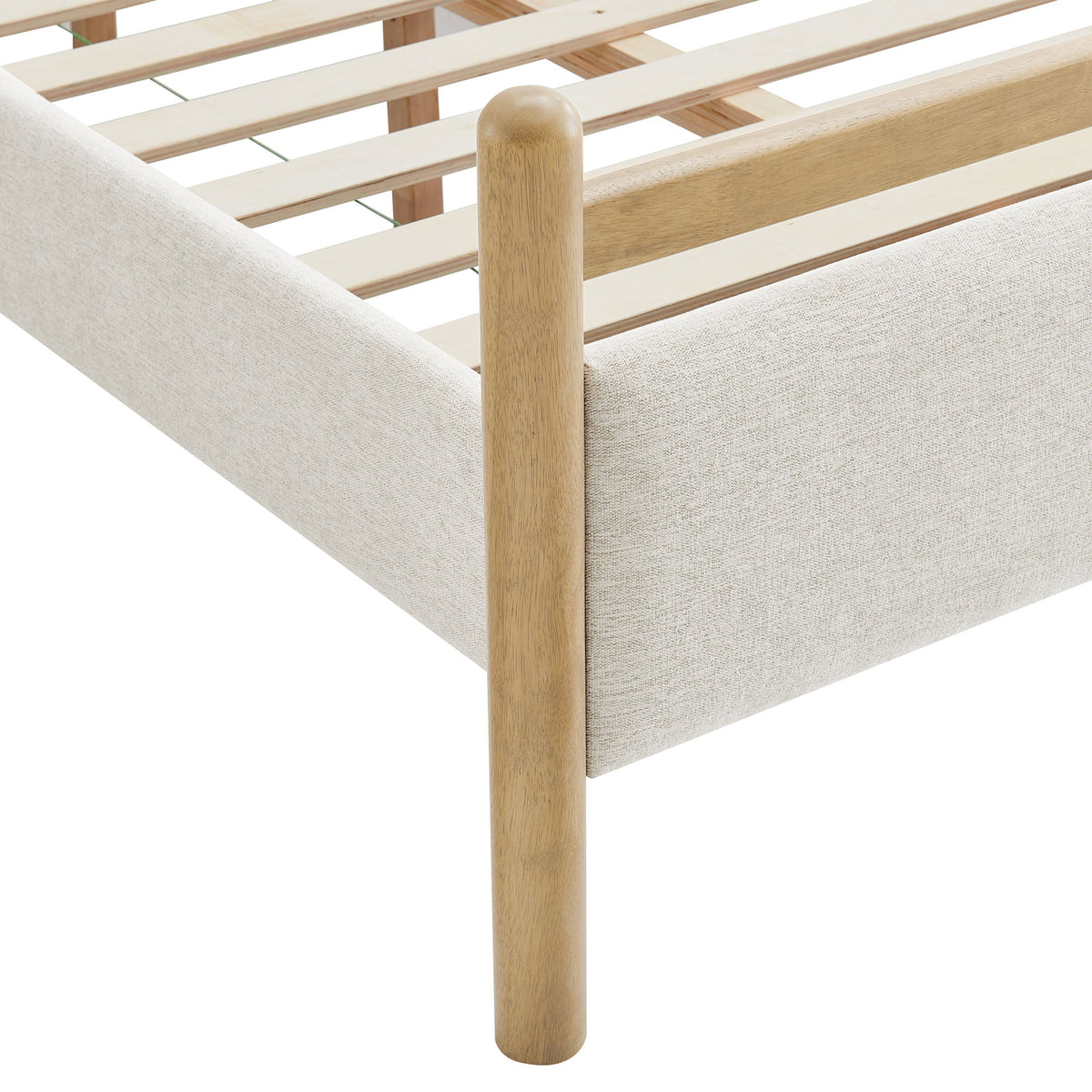 Ginny Platform Bed Frame by Modway with light wood posts and beige fabric bed skirt on Tampa Home & Garden Store