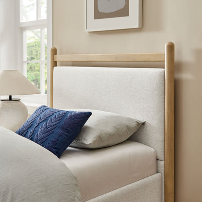 Ginny Platform Bed Frame beige natural wood posts blue pillow on Tampa Home & Garden Store