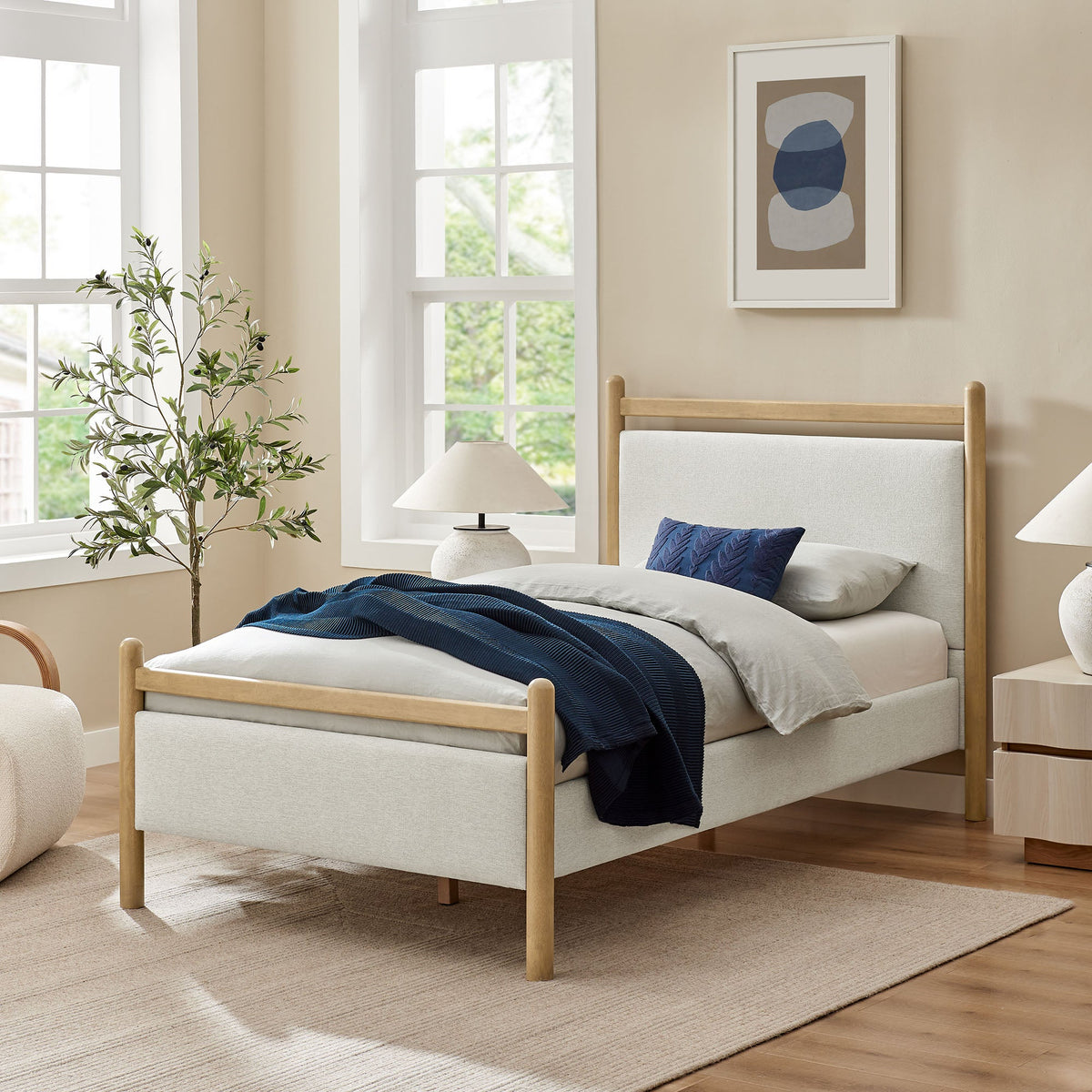 Ginny Platform Bed Frame by Modway with light gray upholstered headboard and natural wood frame on Tampa Home & Garden Store