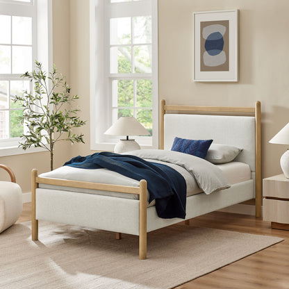 Ginny Platform Bed Frame by Modway with light gray upholstered headboard and natural wood frame on Tampa Home & Garden Store