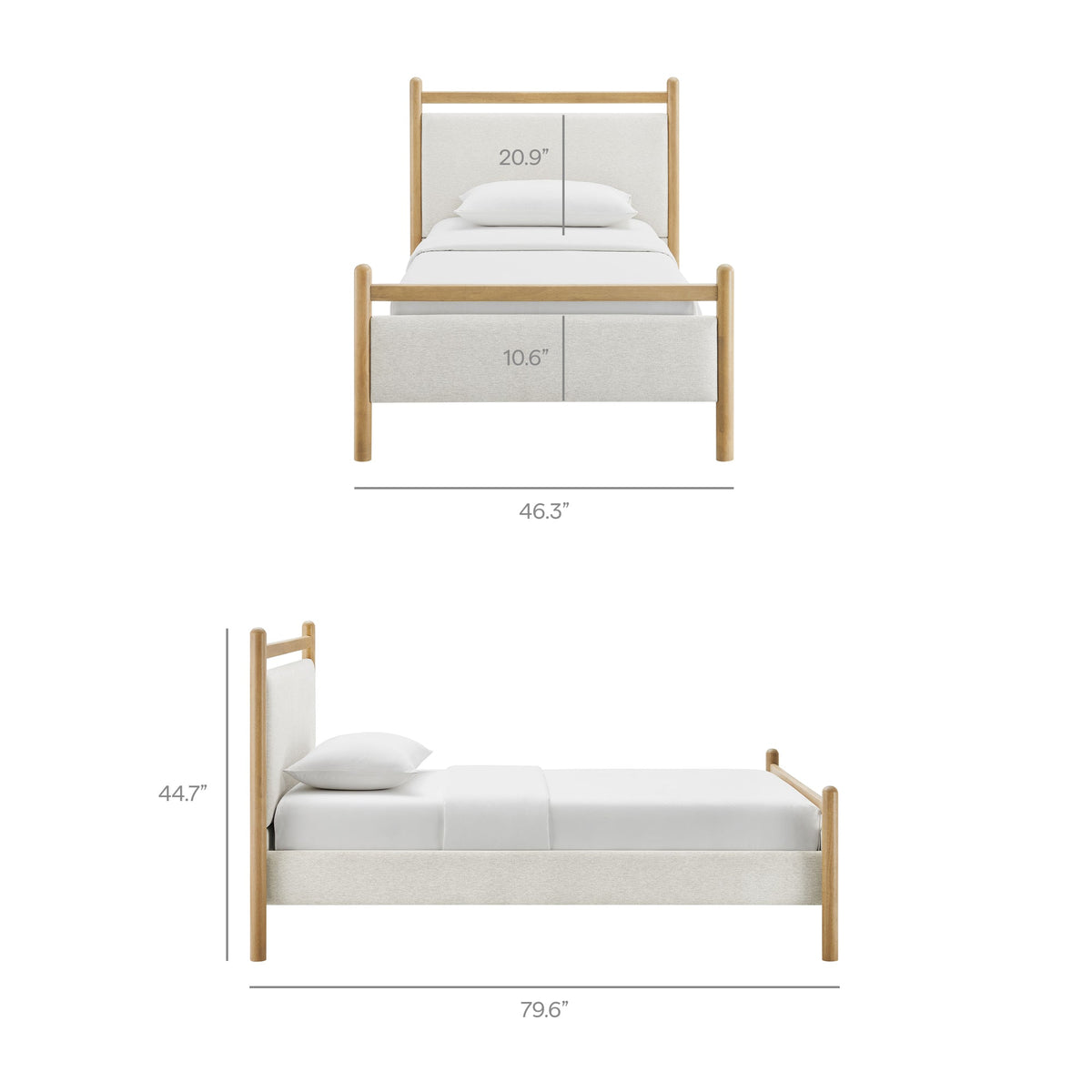 Ginny platform bed frame by Modway with natural wood posts and light gray fabric bed skirt on Tampa Home & Garden Store