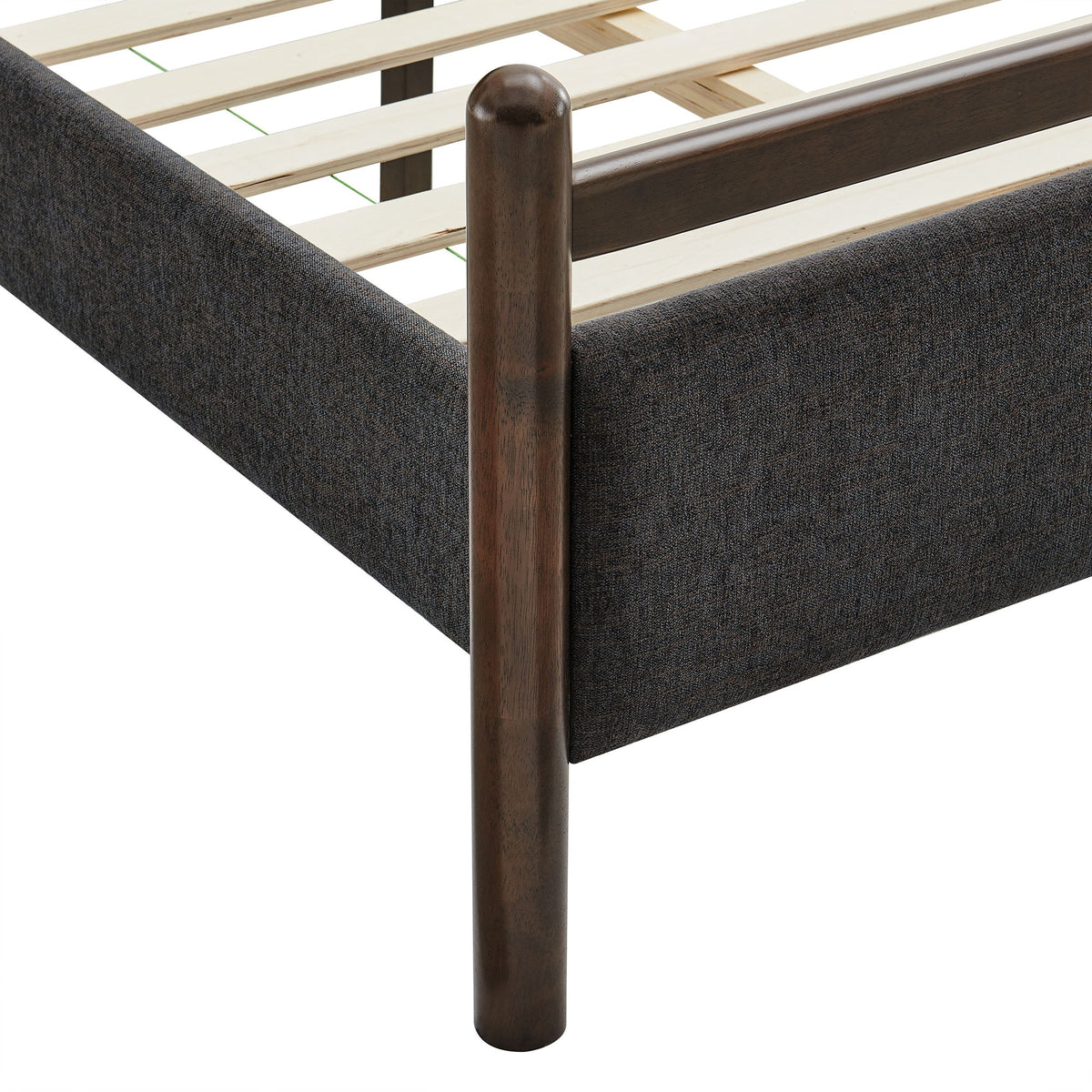 Ginny Platform Bed Frame by Modway with dark gray fabric and brown wood posts on Tampa Home & Garden Store