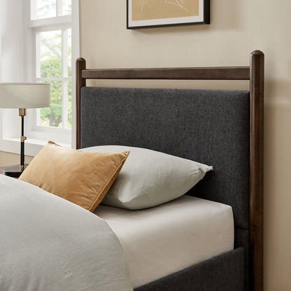 Ginny platform bed frame with dark wood finish and gray upholstered headboard on Tampa Home & Garden Store