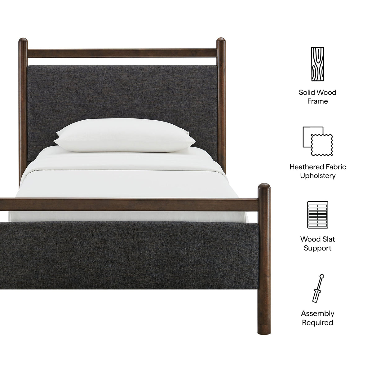 Ginny Platform Bed Frame by Modway, dark wood frame with charcoal heathered fabric headboard on Tampa Home & Garden Store
