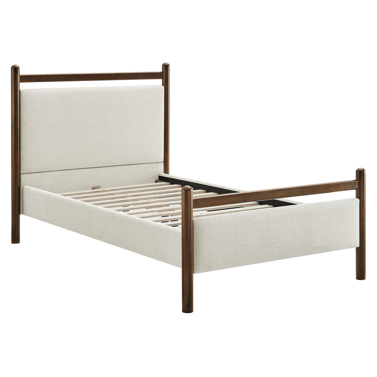 Ginny platform bed frame in dark wood with beige upholstered headboard and footboard on Tampa Home & Garden Store