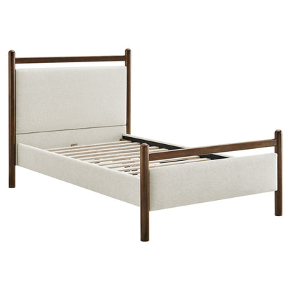 Ginny platform bed frame in dark wood with beige upholstered headboard and footboard on Tampa Home & Garden Store