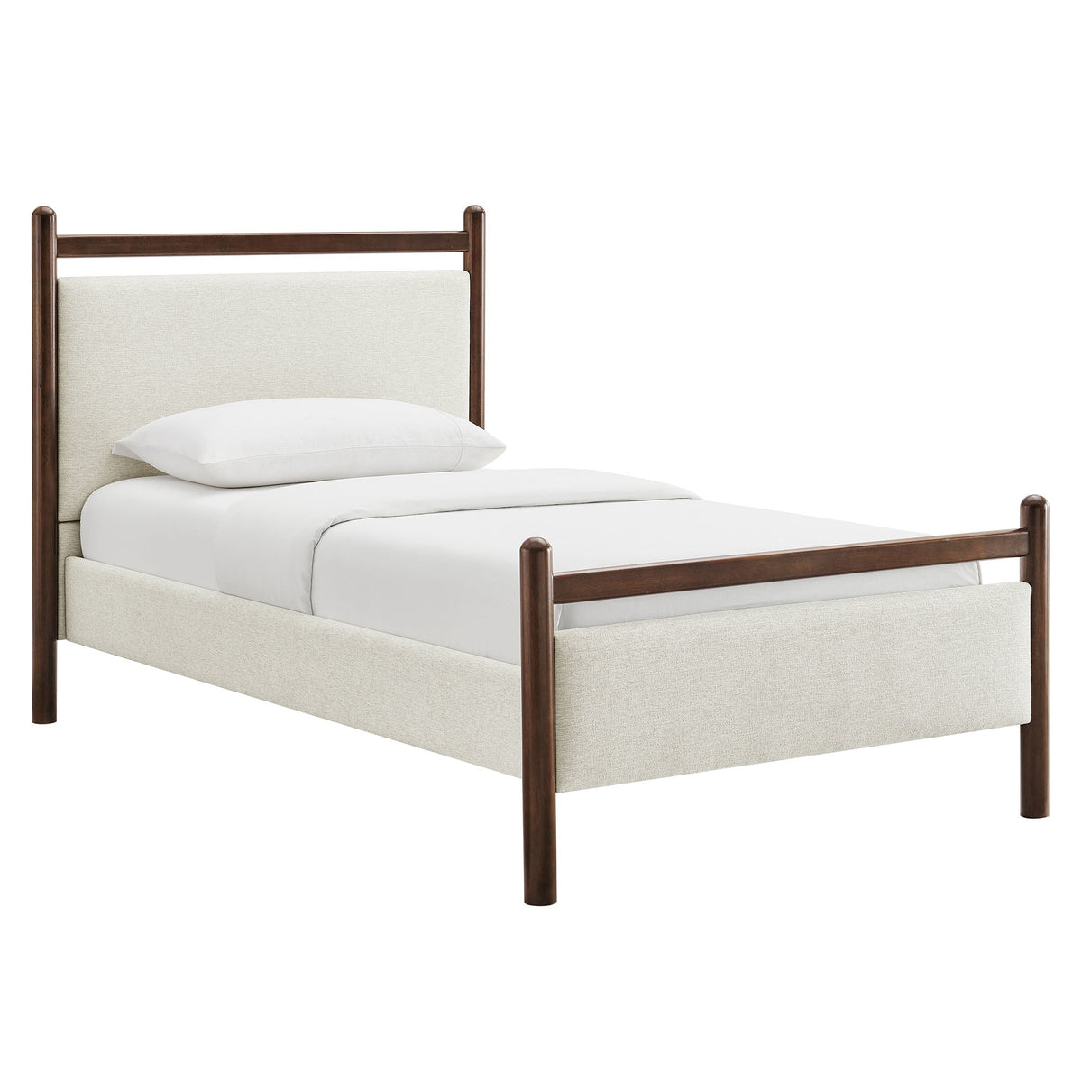 Ginny Platform Bed Frame by Modway with dark wood posts and beige headboard bed skirt on Tampa Home & Garden Store