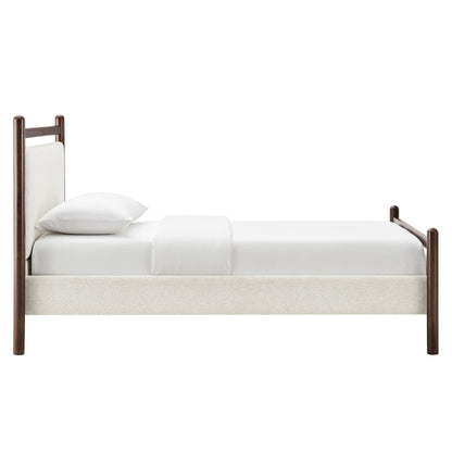 Ginny Platform Bed Frame by Modway, dark wood posts with beige bed skirt and white bedding on Tampa Home & Garden Store