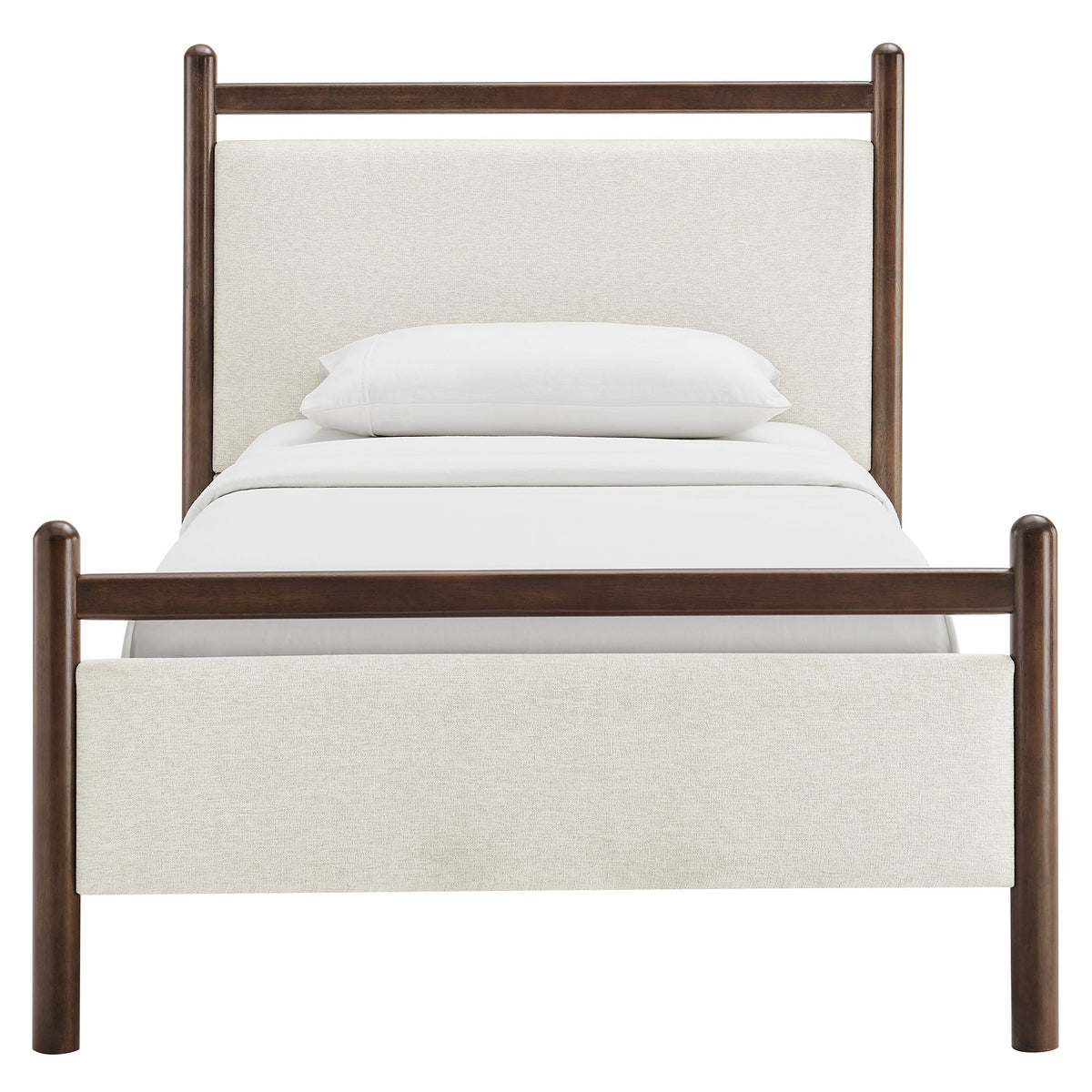Ginny Platform Bed Frame by Modway with dark wood posts and beige upholstered headboard on Tampa Home & Garden Store