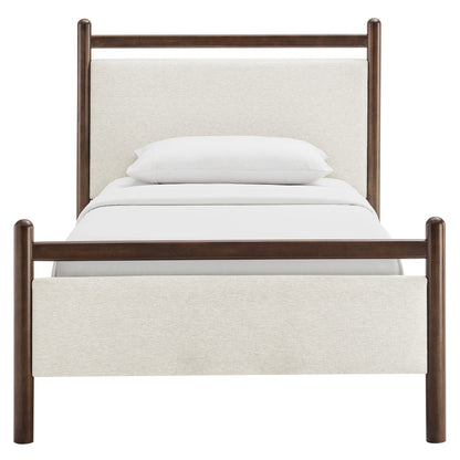 Ginny Platform Bed Frame by Modway with dark wood posts and beige upholstered headboard on Tampa Home & Garden Store