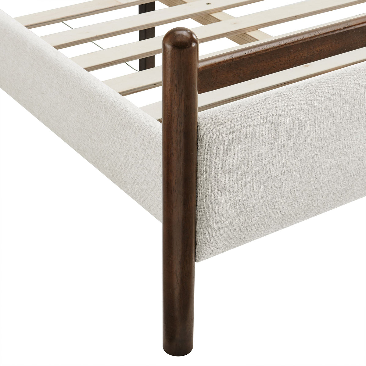 Ginny Platform Bed Frame Modway dark wood posts, light beige upholstered sides, slat base on Tampa Home & Garden Store