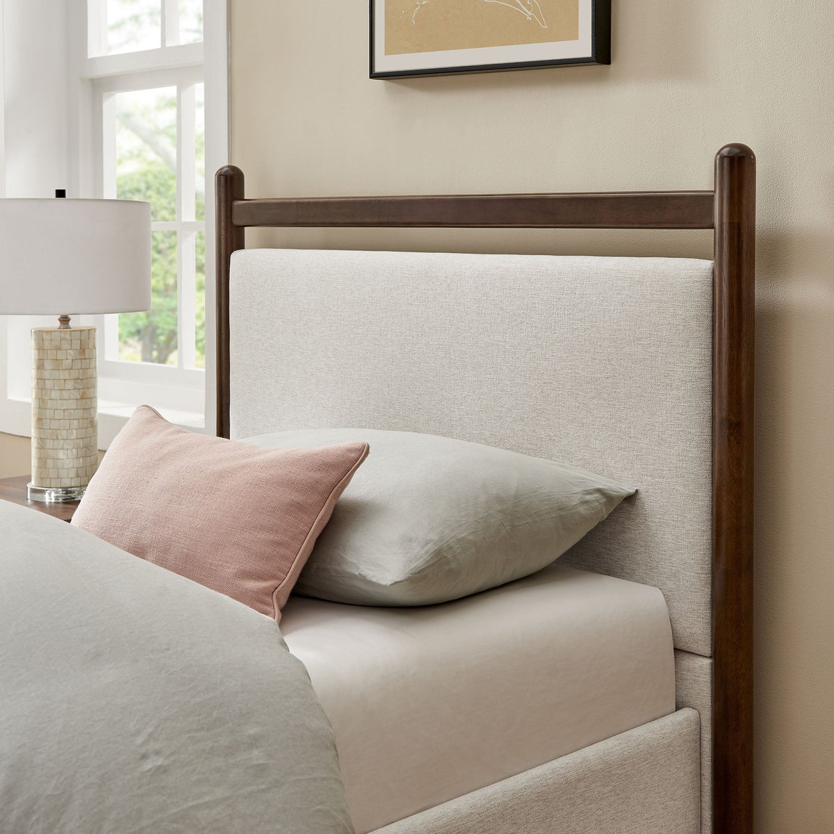 Ginny Platform Bed Frame by Modway with dark wood posts and beige upholstered panels on Tampa Home & Garden Store