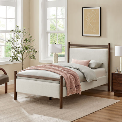 Ginny Platform Bed Frame by Modway, beige upholstered headboard with dark wood posts on Tampa Home & Garden Store
