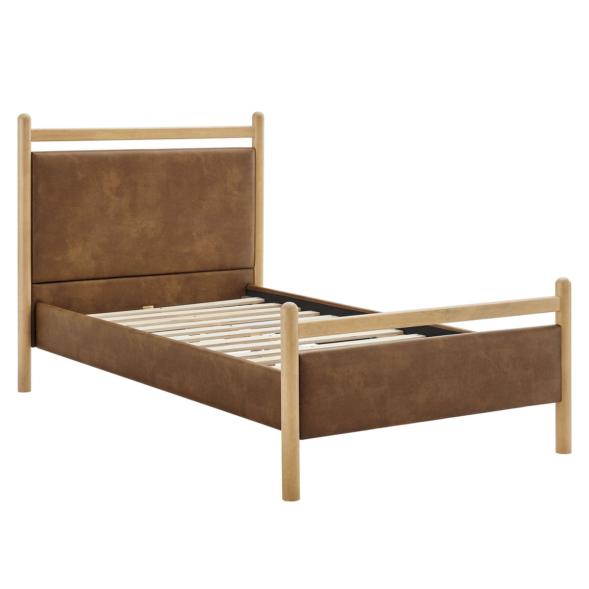 Ginny vegan leather platform bed frame by Modway with brown headboard and wood posts on Tampa Home & Garden Store