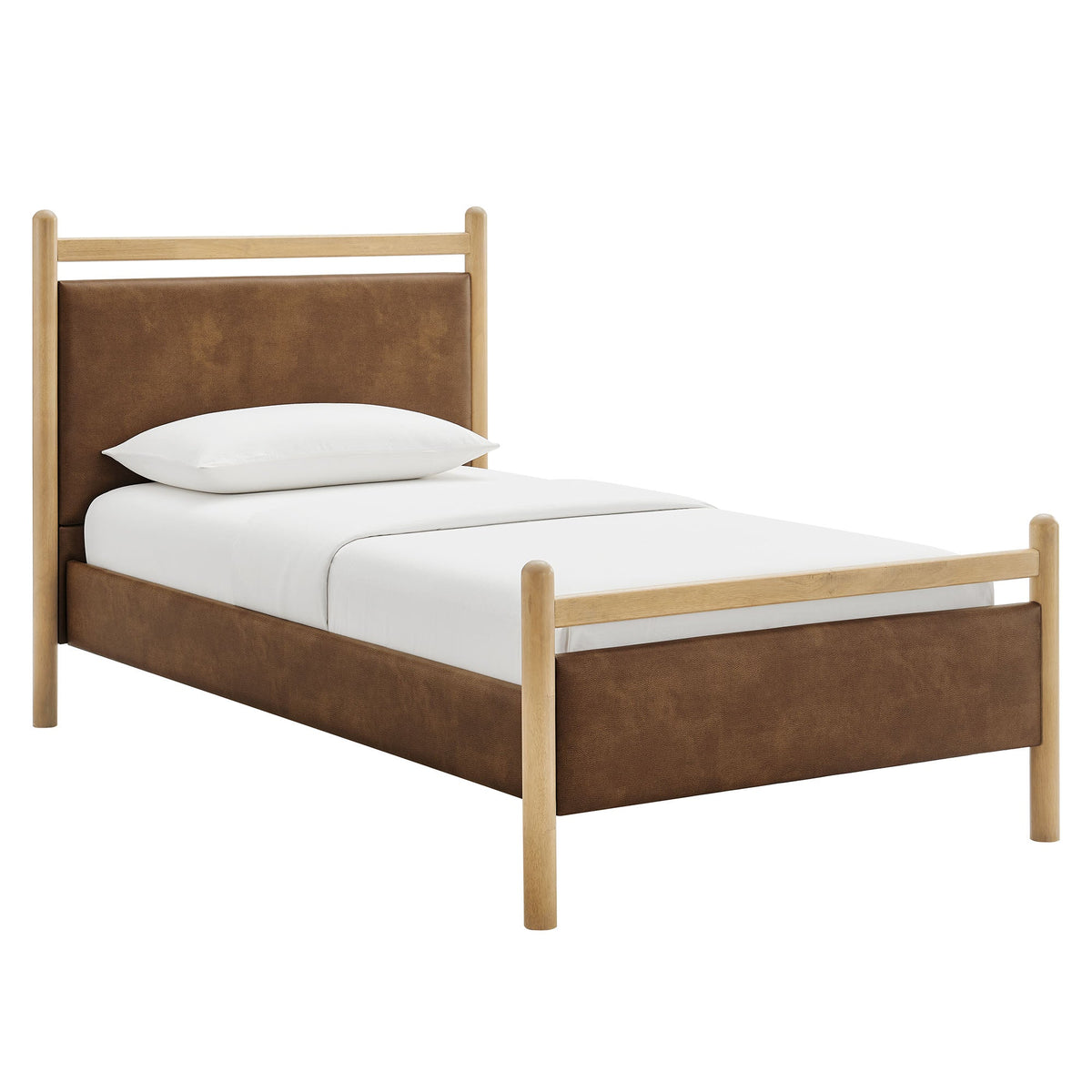Ginny vegan leather platform bed frame Modway with light wood posts and brown headboard on Tampa Home & Garden Store