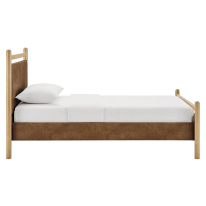 Ginny vegan leather platform bed frame with light wood posts and headboard and footboard on Tampa Home & Garden Store