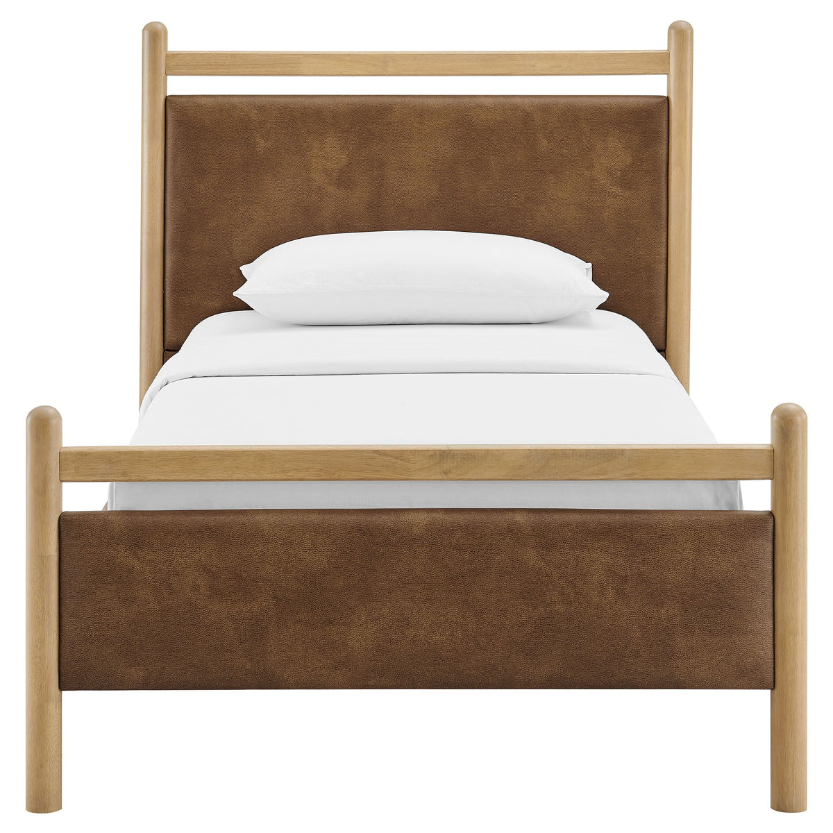 Ginny vegan leather platform bed frame with natural wood posts and brown headboard by Modway on Tampa Home & Garden Store