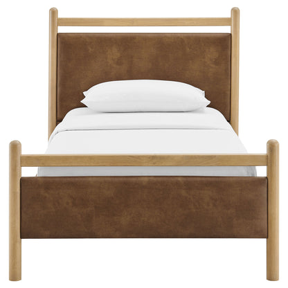 Ginny vegan leather platform bed frame with natural wood posts and brown headboard by Modway on Tampa Home & Garden Store