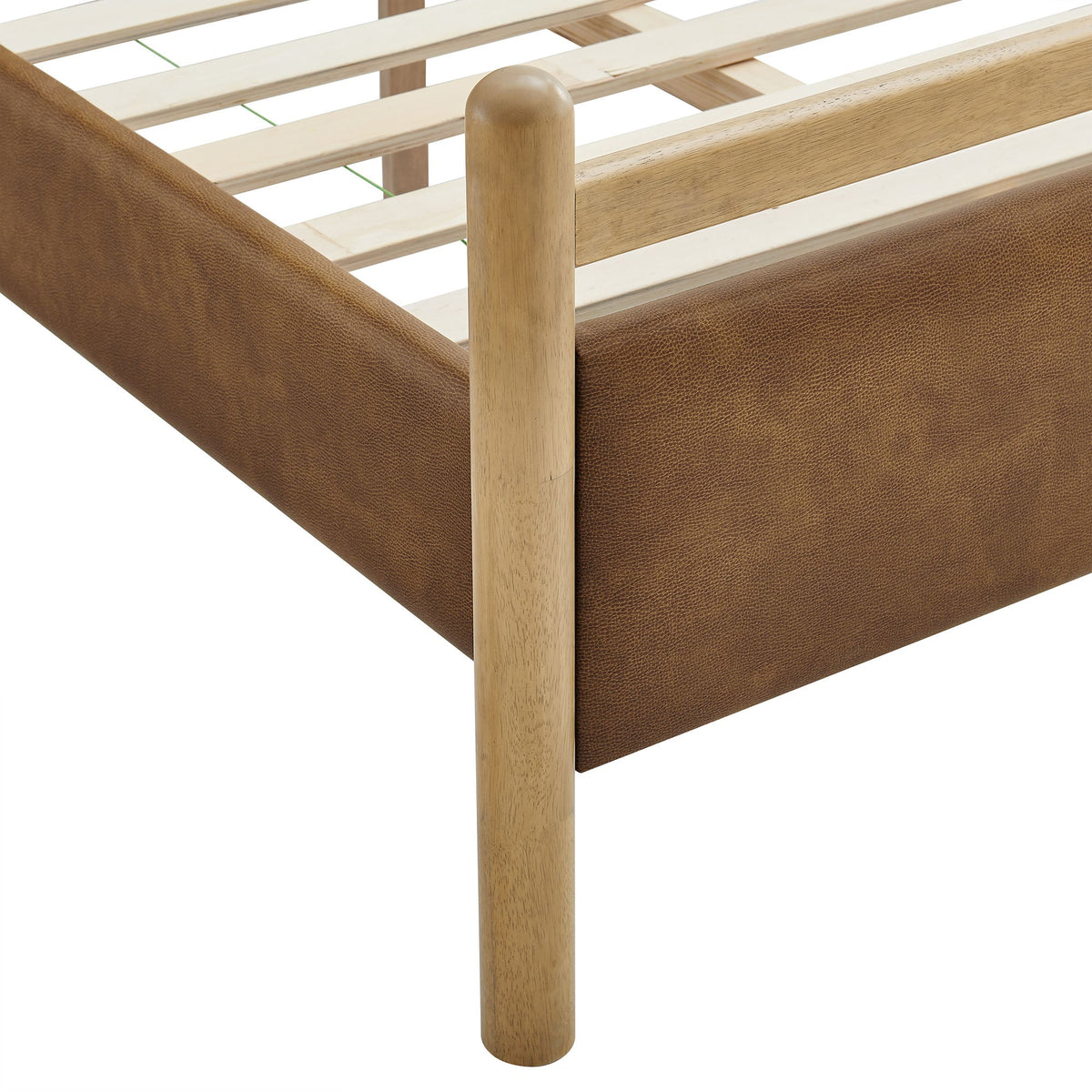Ginny vegan leather platform bed frame by Modway with oak posts and brown vegan leather panels on Tampa Home & Garden Store