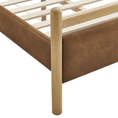 Ginny vegan leather platform bed frame by Modway with oak posts and brown vegan leather panels on Tampa Home & Garden Store