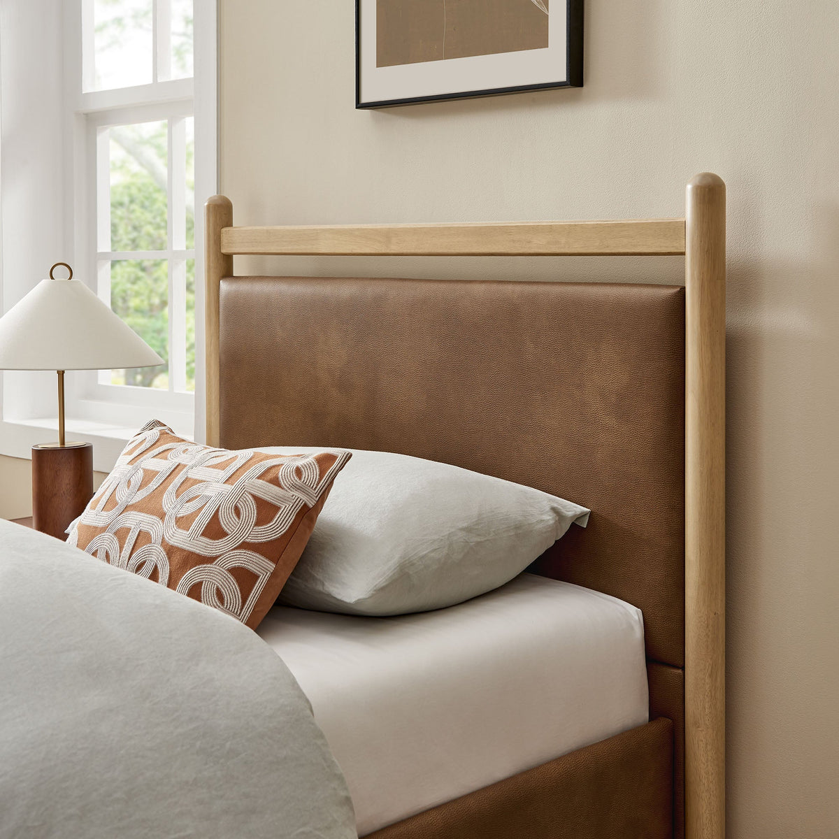 Ginny vegan leather platform bed frame by Modway; wood posts, brown upholstered headboard on Tampa Home & Garden Store